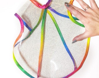 Rainbow and Silver Glitter bapron, wipe clean and waterproof. Baby bib, Childs apron.