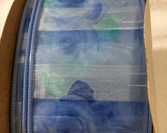Blue Shear Stripe with Flowers Ribbon 2.5" x 50 Yards
