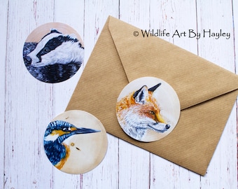 Animal stickers, sticker pack, wildlife stickers, art stickers, large circular stickers, british wildlife stickers, wood slice paintings,