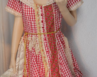 Pretty White and red gingham dress in cotton, art to wear, Unique, Feminine