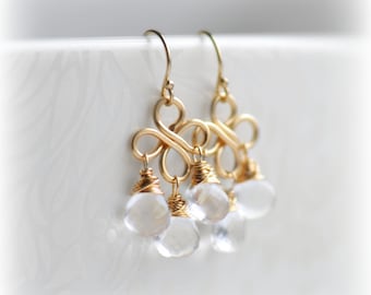 Crystal Chandelier Earrings, Clear Quartz Earrings Gold, Birthday Gift for Her, Clear Quartz Chandelier Earrings, April Birthstone Blissaria