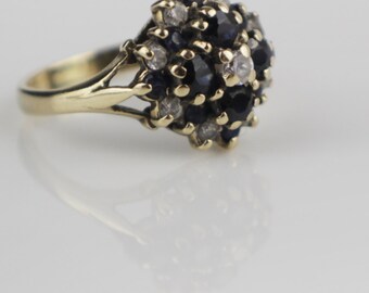Pretty 1980s Sapphire and CZ 9ct Gold Domed Cluster Ladies Ring Size UK K and US 5.25