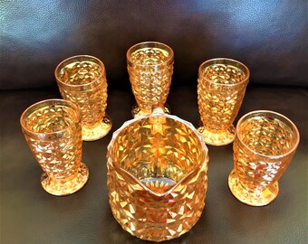 Buttons & Bows Holiday VTG Pitcher w/Tumbler Set -Iridescent Carnival Jeannette Glass Co
