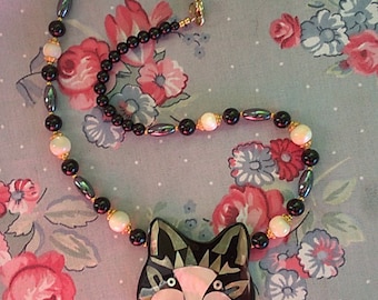Vintage Lee Sands Inlaid Mother Of Pearl And Gemstone Cat Necklace