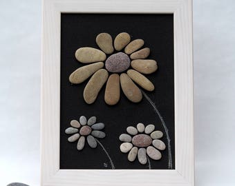 Pebble art, flowers decor, pebbles art, framed picture