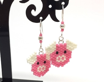Pig - pink and white Stud Earrings - brick stitch bead weaving