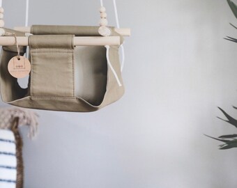 Baby swing| khaki baby swing| toddler swing| brown nursery decor| indoor swing| outdoor swing| wooden swing| baby fabric swing| baby toy
