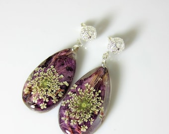 Purple Passion Post Earrings, Real Flower Earrings, Pressed Flowers Jewelry, Resin (3054)