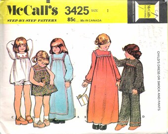 Vintage 1972 McCall's 3425 Girl's Dress or Smock & Pants Sewing Pattern Size 1 Breast 20"