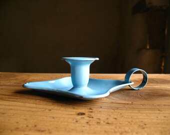 Antique French toleware Bedside Candle Holder, 'fin de siecle', turquoise enamel with looped carry handle