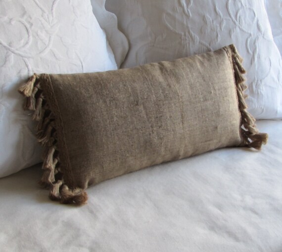 12 x 24 natural burlap pillow with burlap tassel fringe lumbar