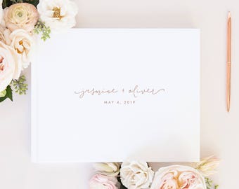 Rose Gold Guest Book, Personalized Names Guest Book Wedding Album, White Guestbook with Real Gold Foil, Large Guestbook Hardcover Book, 39