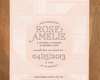 Birth Announcement (Pen & Ink - No. 1 - GIRL) Modern, Contemporary