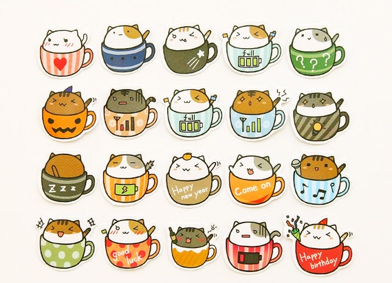 20pcs coffee cup cat stickers planner sticker kawaii