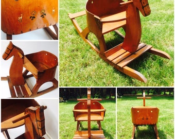 Very Unique Vintage Handmade Wooden Rocking Horse, Antique rocking horse for children. Old toy.