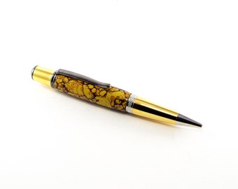 Handmade Pen - Ballpoint Pen Sierra Vista in Veined Yellow Tru Stone and Titanium Gold plating, Handcrafted Pen, Pen, Handturned Pen