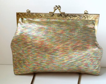 60s Gold Lame Rainbow Tinsel Sparkle Square Frame Purse Handbag