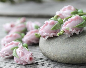 Flower Lampwork Beads, 1pc Handmade Rose Bud, Lampwork Flower Beads Made to order