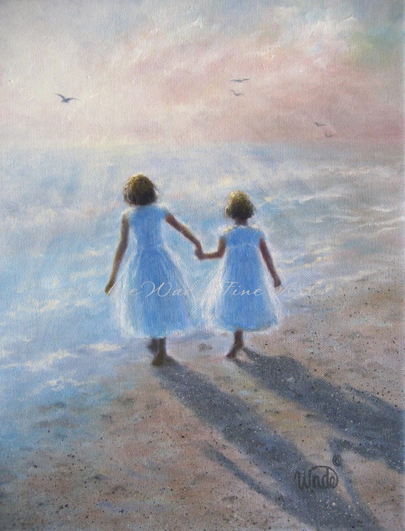 Two Sisters Jumping on the Bed Painting by Vickie Wade