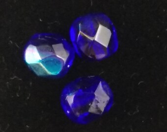 Czech Glass Faceted Rounds, Cobalt Fire Polish, 8mm