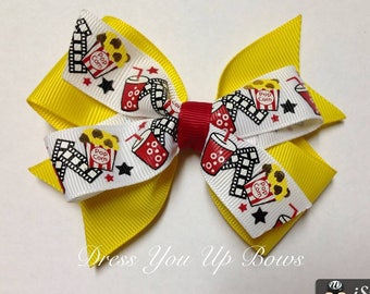 4" popcorn yellow red white black movie reel movie night date night hair bow clip birthday party favor baby toddler teen spring summer bow