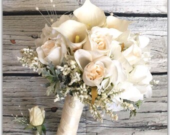 White bride bouquet, calas, hydrangeas and pearls, bridal bouquet, wedding.