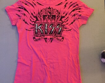 Custom Distressed KISS Rock Tee Hot Pink (Ladies M) Gene Simmons Paul Stanley