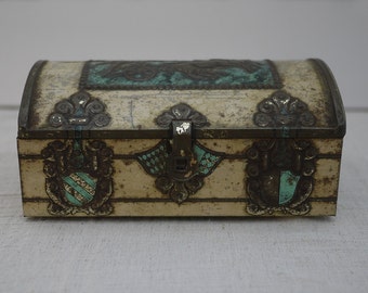 Vintage Treasure Chest Tin Box by De Beukelaer Belgium. Jewelry Trinket Box Embossed Gladiator Decor 1950 s