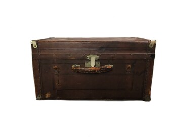 Antique Wooden Leather Covered Trunk - Antique Traveling Trunk - 1800s Edwardian Trunk Trim