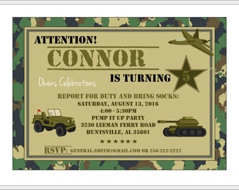Camo Party Invitation, Military Birthday Invitation, Army Party Invitation - Digital File