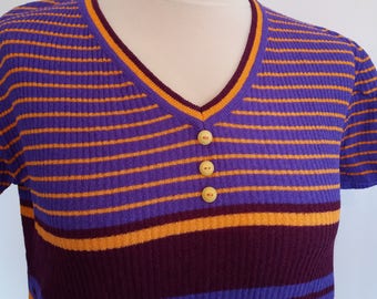 Vintage, 60's, 70's, Striped lattice Shirt, Knit Shirt, Orange & Purple Striped shirt