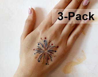 Fireworks Temporary Tattoos, 4th of July Tattoo, Blue Red Gold Body Stickers, Jewel Flash Tattoos, Patriotic Transferable Tattoos for Women