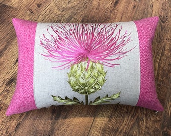 Scottish Pink Embroidered Thistle and Wool Cushion