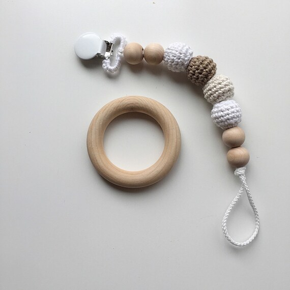 NomiLu Snickerdoodle Clip -- Crocheted Beads Pacifier Clip -- Eco-friendly pacifier clip -- crocheted wooden beads -- Baby Teether