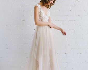 Lace Wedding Dress, Floral Lace Bridal Gown, Low Back Gown, Nude Tulle Wedding Dress, Bohemian Wedding , Champagne Gown- ADRIANNE