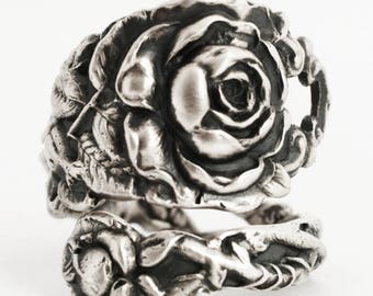 Tea Rose Ring, Sterling Silver Spoon Ring, Silver Rose Flower Ring, Floral Victorian Rose Silver, Gardener Gift, Adjustable Ring Size (6716)
