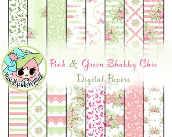 Pink and Green Shabby Chic Paper Pack | 16 Digital Papers | Digital Paper | Printable Paper | Scrapbooking | Floral | Cute | Baby