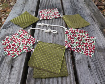 Small Prayer Flags, Playroom Decor, Fabric Bunting Banner, Upcycled, Wall Decor, Photo Prop, Holiday Decor, Christmas Flags, Red and Green
