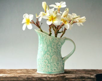 Teal Pitcher with Australian Flannel Flowers