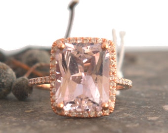 sapphire peach diamond champagne ring pear halo 14k rose