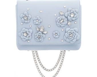 Sky blue Leather Bag w/ Silver Chain Swarovski Crystals Handmade Leather flowers Blue shoulder bag crossbody chainbag SKY BLUE CAMELLIA midi