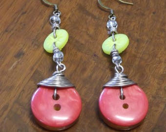 Red and yellow wire wrapped button earrings