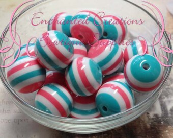 20mm Aqua, Hot Pink and White Striped Beads Qty 10