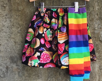 Girls Rainbow Cake, Cupcakes, Cookies Skirt with Pocket and Leg Warmer Set - Baby, Toddler, Big Kid Sizes - Birthday Gift or Party Outfit