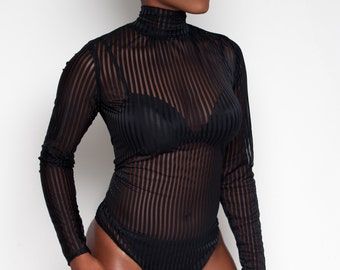 Striped turtleneck bodysuit with back zipper
