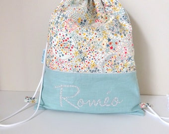 Backpack child customizable celadon linen and Liberty adelajda multicolored name