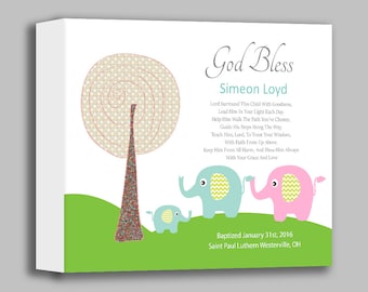 Baby Boy Nursery Art - Canvas Baptism Gift - Christening Gifts for Boys - Elephants - Personalized Baptism Gift - Choice of Poems