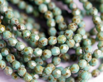 Turquoise Picasso - 4mm Fire Polished Beads - Czech Glass Faceted Rounds - Bead Soup Beads