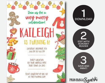 Instant Download Christmas Birthday Invitation, Cookie Exchange Party, Christmas Printable Invitation, Edit Yourself!