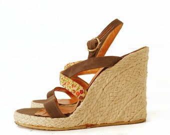 Size 8 70s Alfio Cecconi Sandals Jute Wedge Heel Strappy Slingback Heels 8 //97